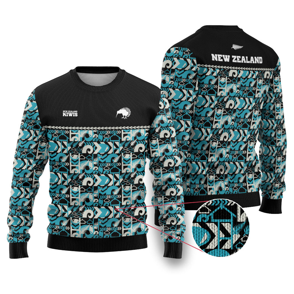 Aotearoa New Zealand Kiwis Tima Riki Motu Ugly Christmas Sweater LT9 Black - Polynesian Pride