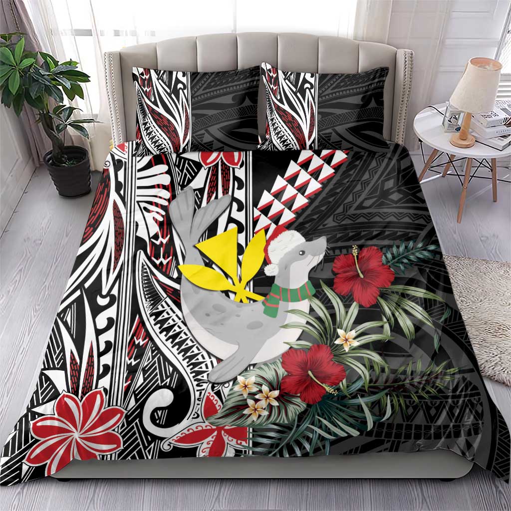 Hawaii Monk Seal Santa Bedding Set Hibiscus Kakau Pattern Mele Kalikimaka