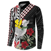 Hawaii Monk Seal Santa Button Sweatshirt Hibiscus Kakau Pattern Mele Kalikimaka