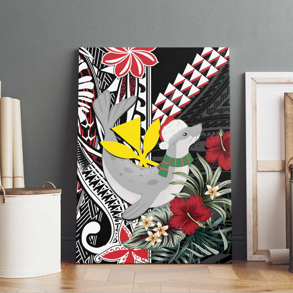 Hawaii Monk Seal Santa Canvas Wall Art Hibiscus Kakau Pattern Mele Kalikimaka