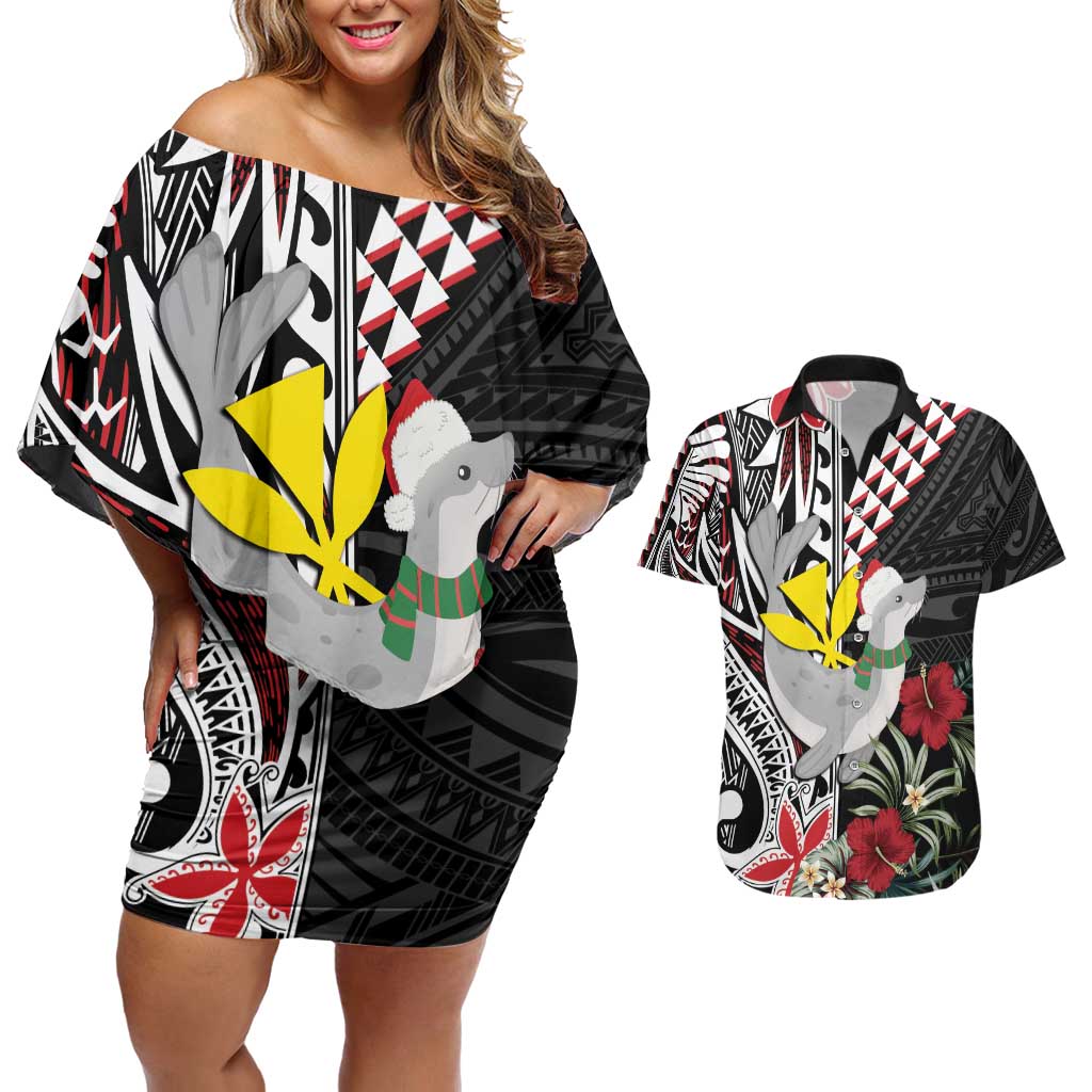 Hawaii Monk Seal Santa Couples Matching Off Shoulder Short Dress and Hawaiian Shirt Hibiscus Kakau Pattern Mele Kalikimaka