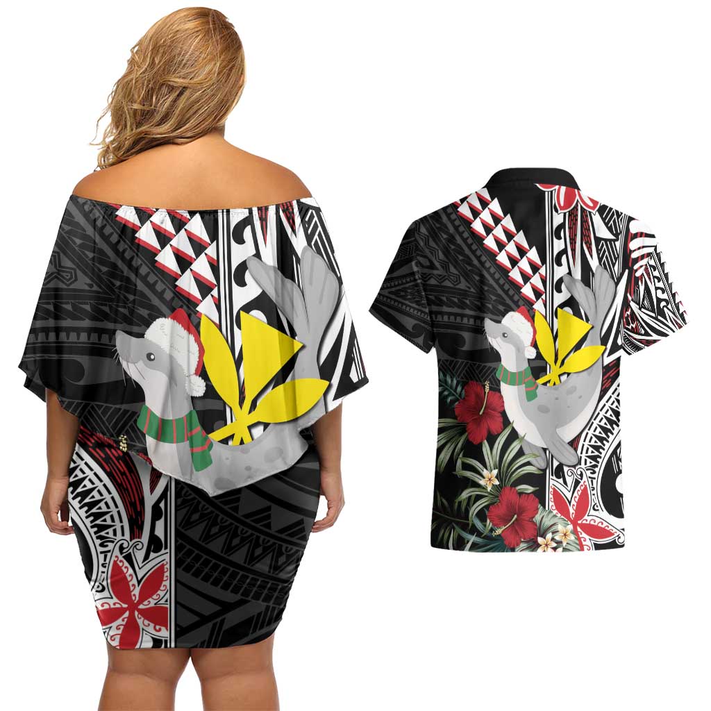 Hawaii Monk Seal Santa Couples Matching Off Shoulder Short Dress and Hawaiian Shirt Hibiscus Kakau Pattern Mele Kalikimaka