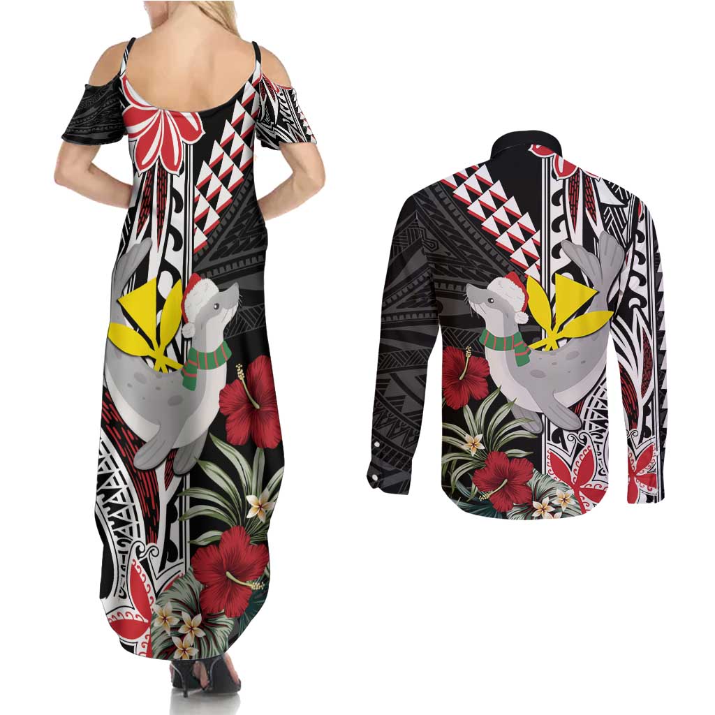 Hawaii Monk Seal Santa Couples Matching Summer Maxi Dress and Long Sleeve Button Shirt Hibiscus Kakau Pattern Mele Kalikimaka