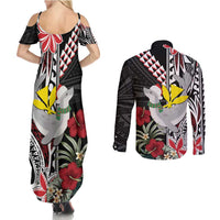 Hawaii Monk Seal Santa Couples Matching Summer Maxi Dress and Long Sleeve Button Shirt Hibiscus Kakau Pattern Mele Kalikimaka