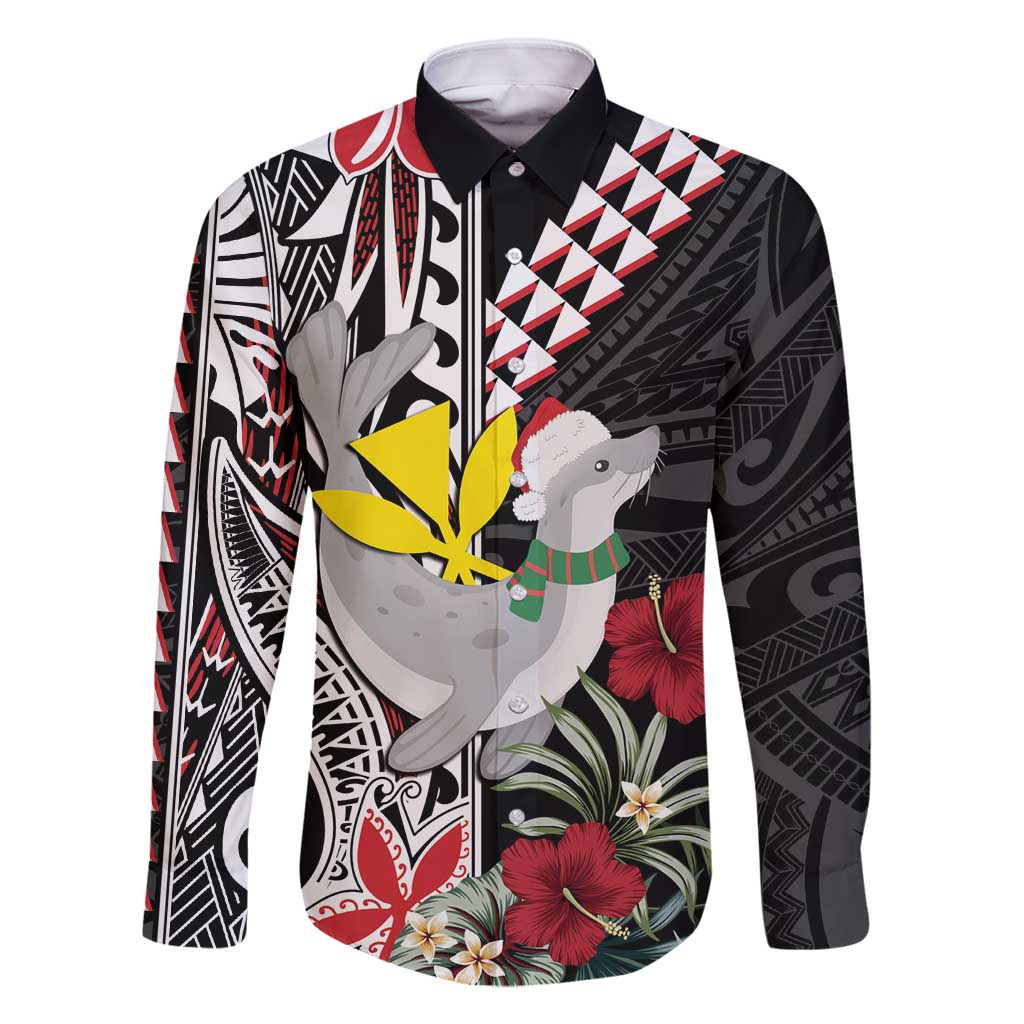 Hawaii Monk Seal Santa Family Matching Long Sleeve Bodycon Dress and Hawaiian Shirt Hibiscus Kakau Pattern Mele Kalikimaka