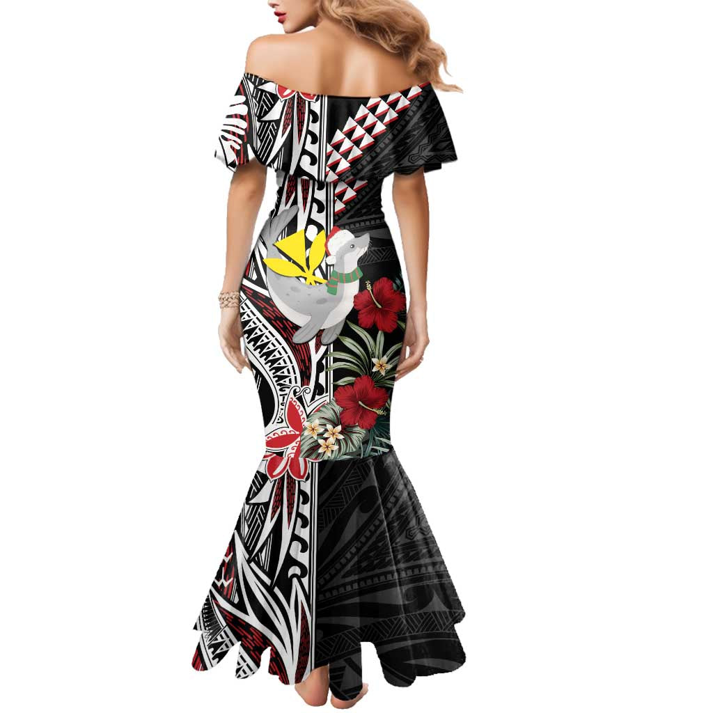 Hawaii Monk Seal Santa Family Matching Mermaid Dress and Hawaiian Shirt Hibiscus Kakau Pattern Mele Kalikimaka