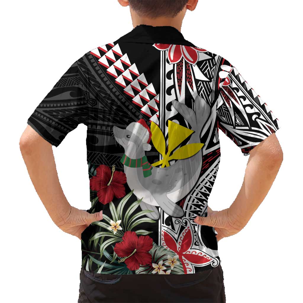 Hawaii Monk Seal Santa Family Matching Puletasi and Hawaiian Shirt Hibiscus Kakau Pattern Mele Kalikimaka