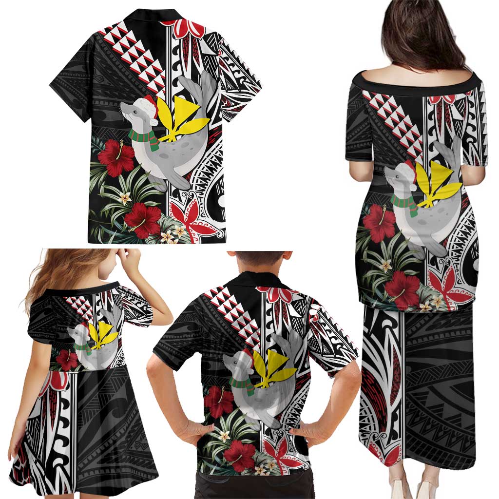 Hawaii Monk Seal Santa Family Matching Puletasi and Hawaiian Shirt Hibiscus Kakau Pattern Mele Kalikimaka