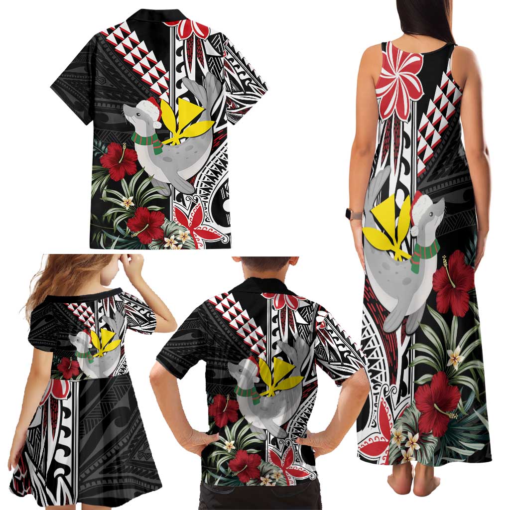 Hawaii Monk Seal Santa Family Matching Tank Maxi Dress and Hawaiian Shirt Hibiscus Kakau Pattern Mele Kalikimaka