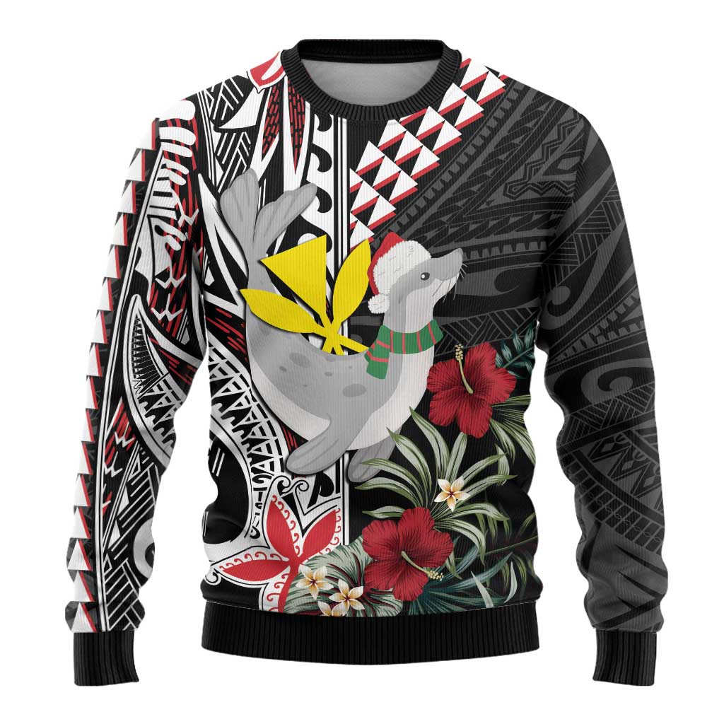 Hawaii Monk Seal Santa Ugly Christmas Sweater Hibiscus Kakau Pattern Mele Kalikimaka