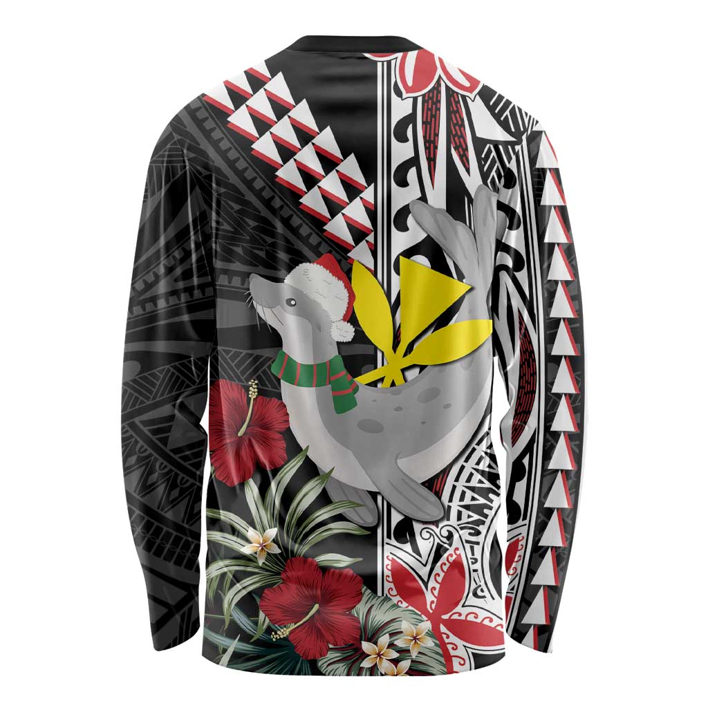 Hawaii Monk Seal Santa Long Sleeve Shirt Hibiscus Kakau Pattern Mele Kalikimaka