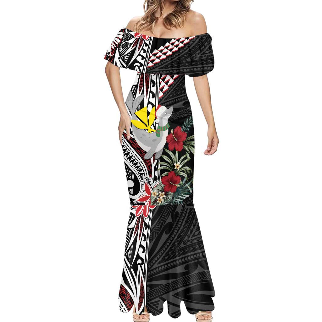 Hawaii Monk Seal Santa Mermaid Dress Hibiscus Kakau Pattern Mele Kalikimaka