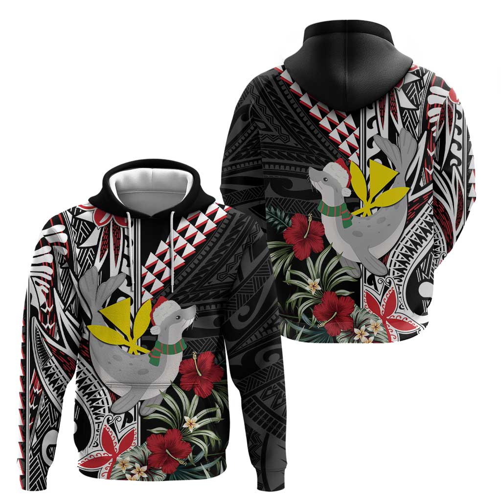 Hawaii Monk Seal Santa Zip Hoodie Hibiscus Kakau Pattern Mele Kalikimaka