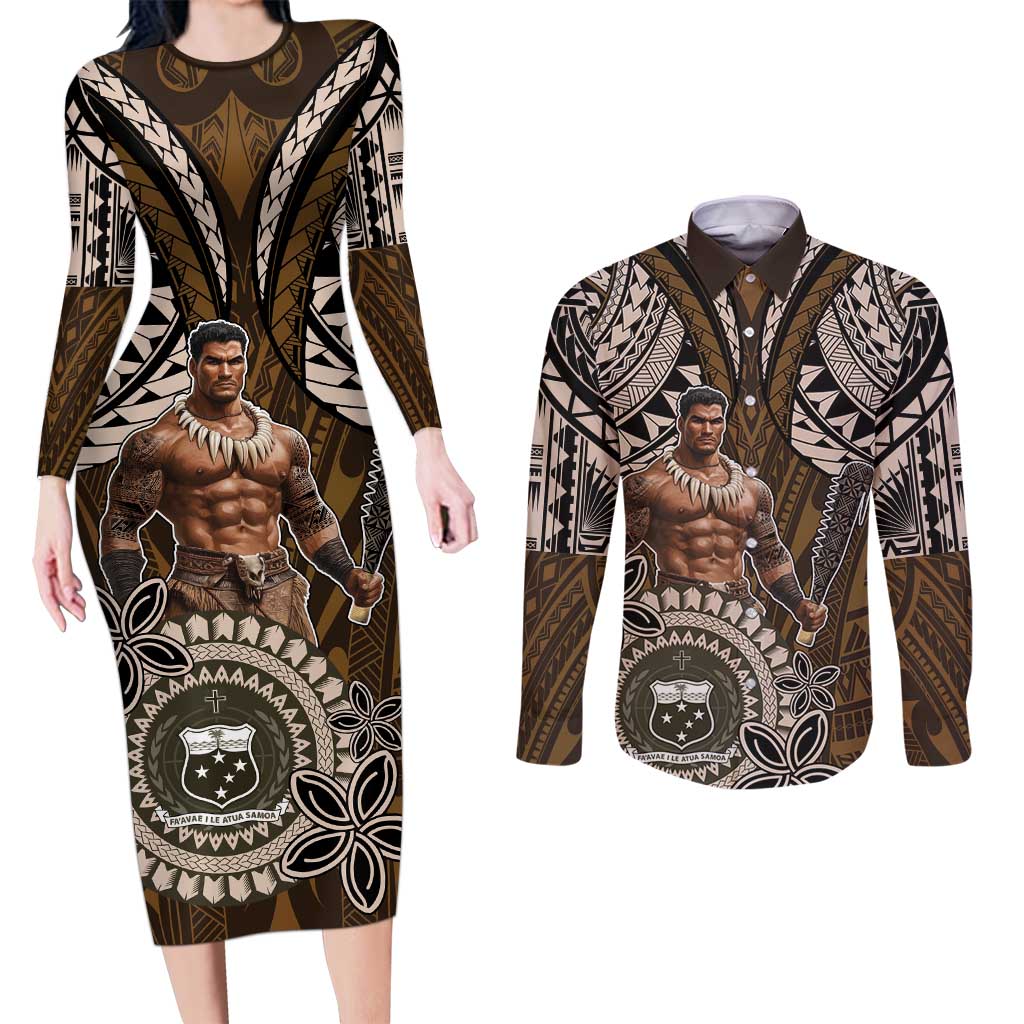 Samoa Warrior Couples Matching Long Sleeve Bodycon Dress and Long Sleeve Button Shirt The Mighty Samoan Warrior Spirit