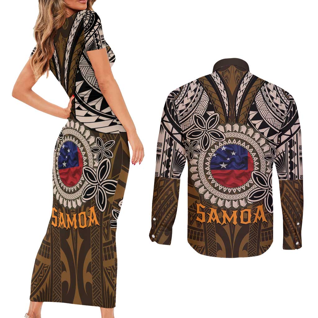 Samoa Warrior Couples Matching Short Sleeve Bodycon Dress and Long Sleeve Button Shirt The Mighty Samoan Warrior Spirit