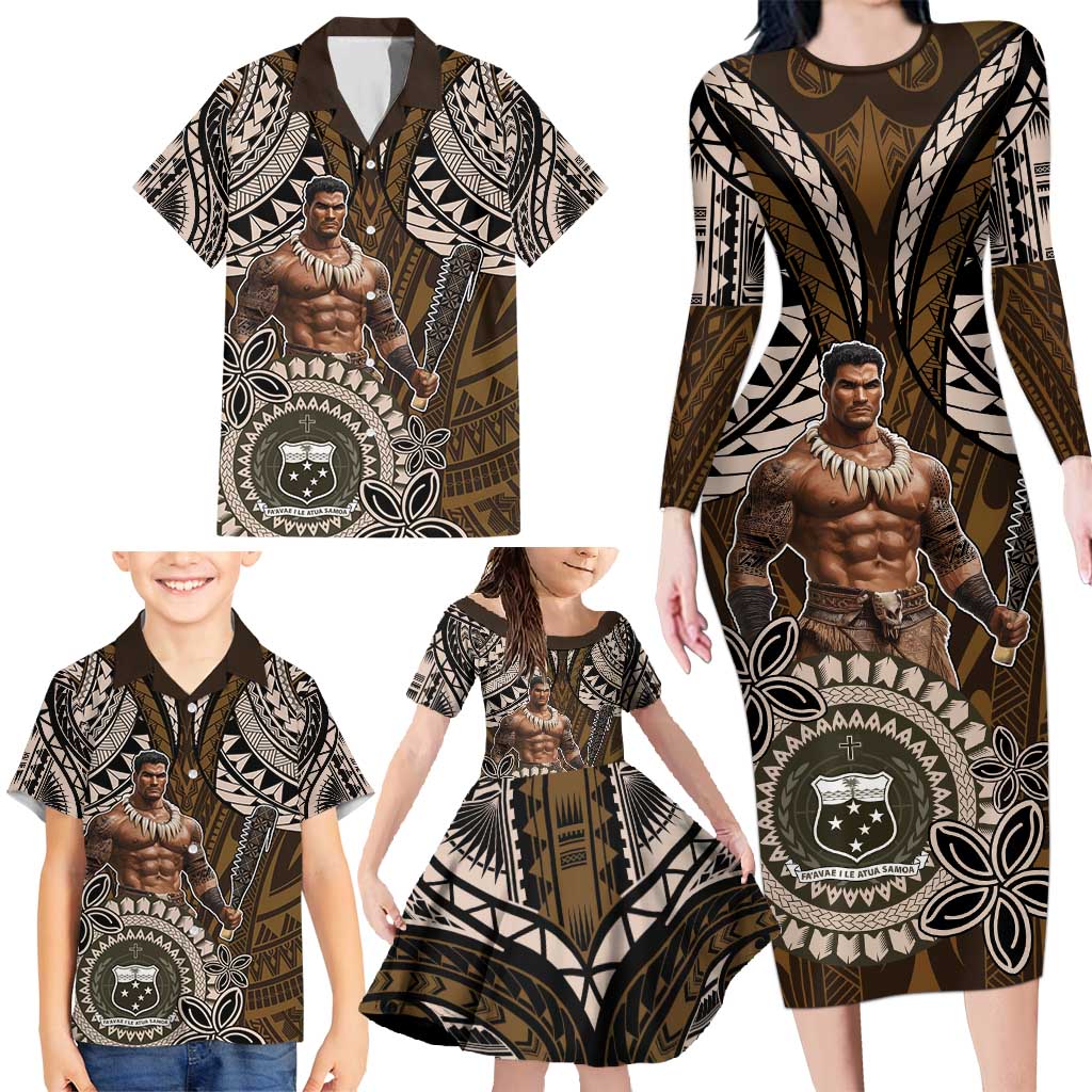 Samoa Warrior Family Matching Long Sleeve Bodycon Dress and Hawaiian Shirt The Mighty Samoan Warrior Spirit