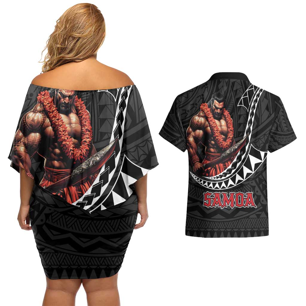 Samoan Pride Polynesian Tribal Warrior Couples Matching Off Shoulder Short Dress and Hawaiian Shirt 685 Samoa Mo Samoa