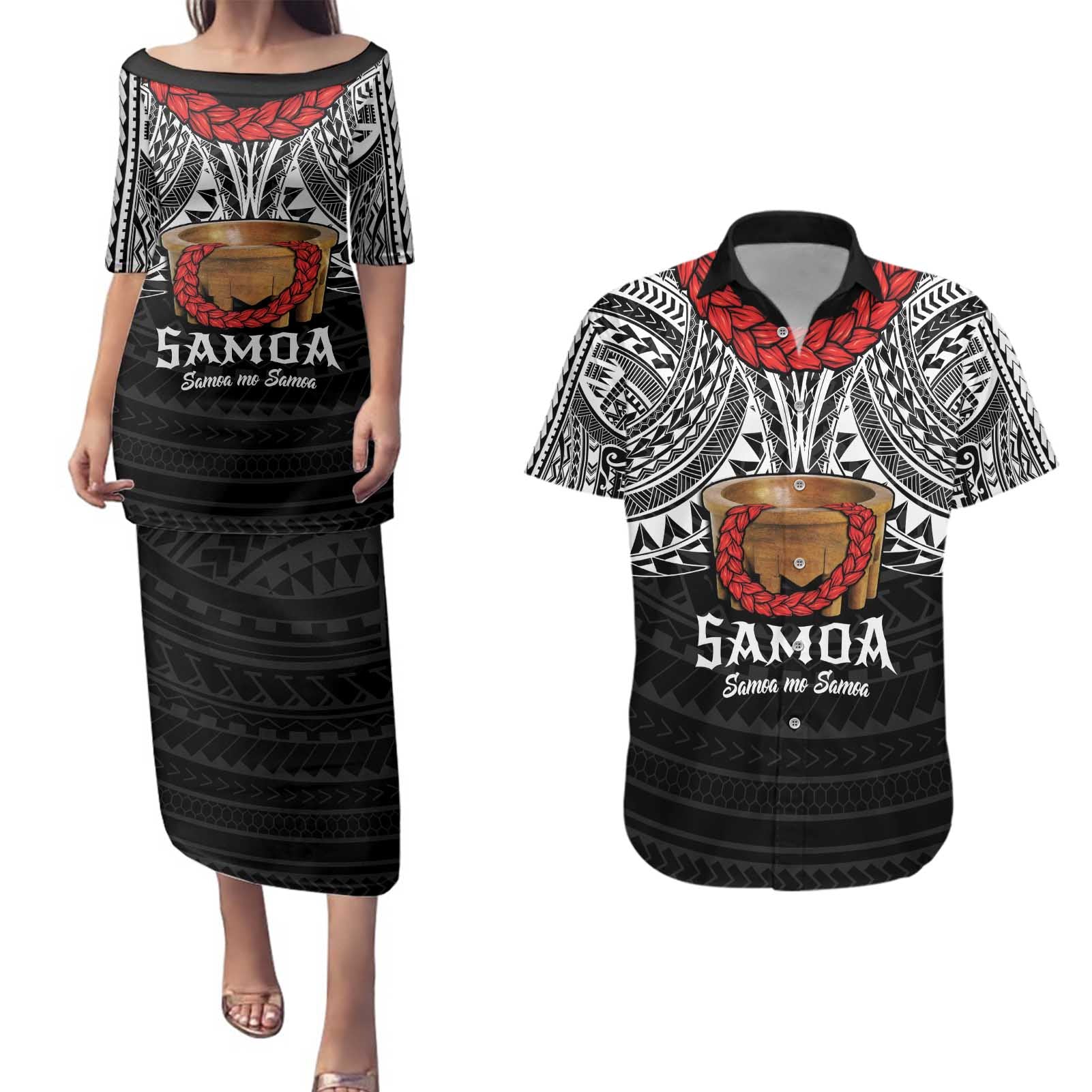 Samoan Tanoa Kava Bowl Ula Fala Couples Matching Puletasi and Hawaiian Shirt Polynesian Tribal Vibe