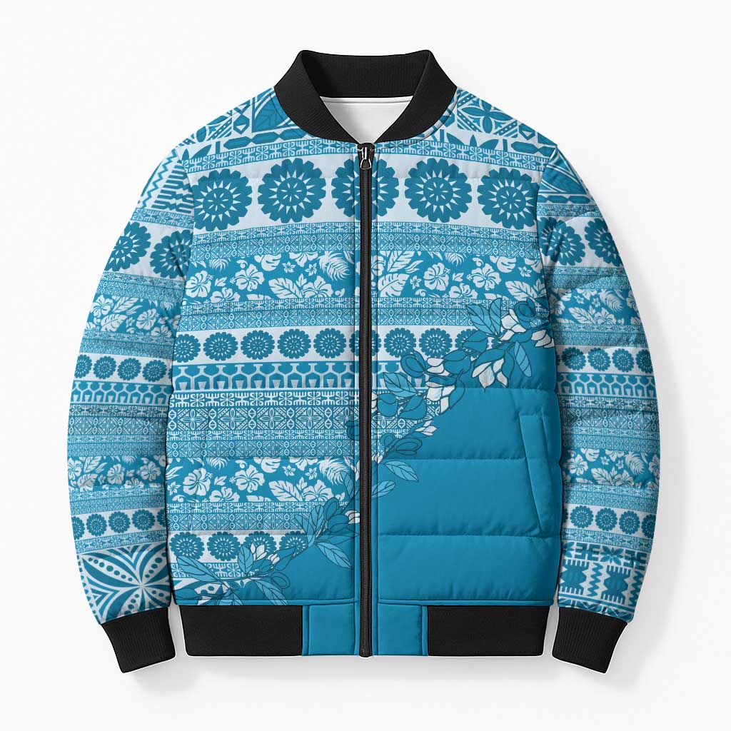 Fiji Marau na Kerisimasi Bomber Puffer Jacket Aqua Tagimoucia Tapa Masi Tribal - Polynesian Pride