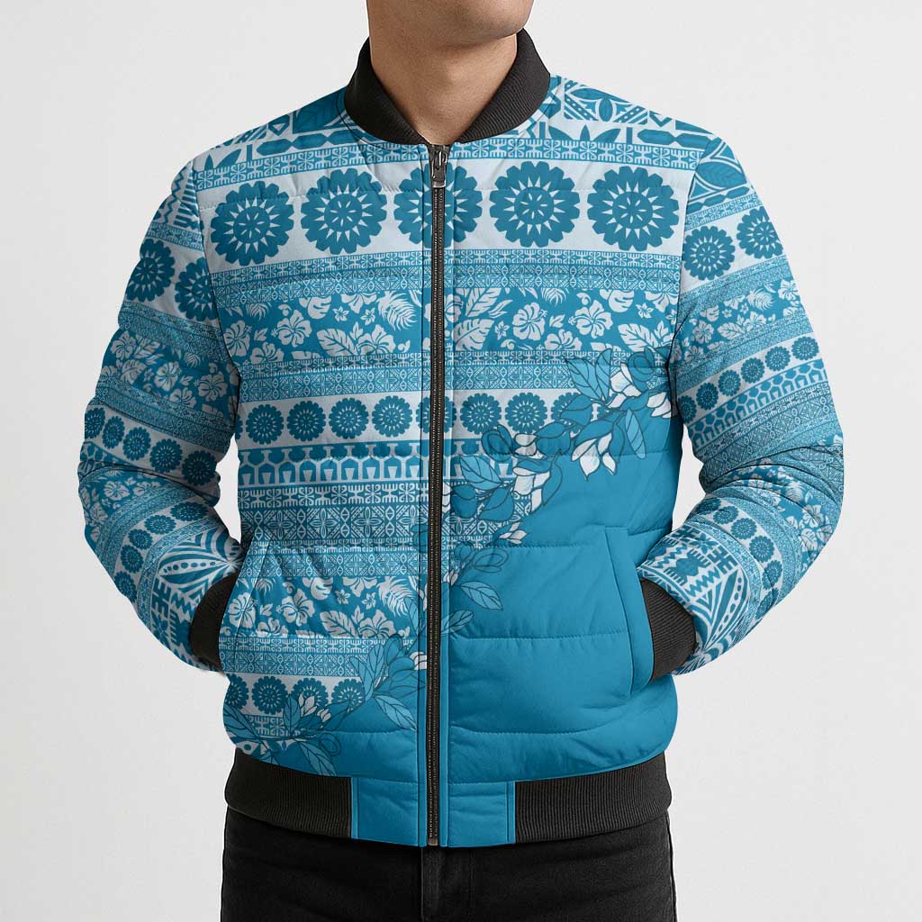 Fiji Marau na Kerisimasi Bomber Puffer Jacket Aqua Tagimoucia Tapa Masi Tribal - Polynesian Pride
