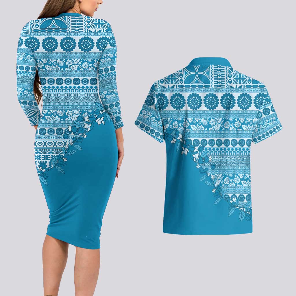 Fiji Marau na Kerisimasi Couples Matching Long Sleeve Bodycon Dress and Hawaiian Shirt Aqua Tagimoucia Tapa Masi Tribal - Polynesian Pride