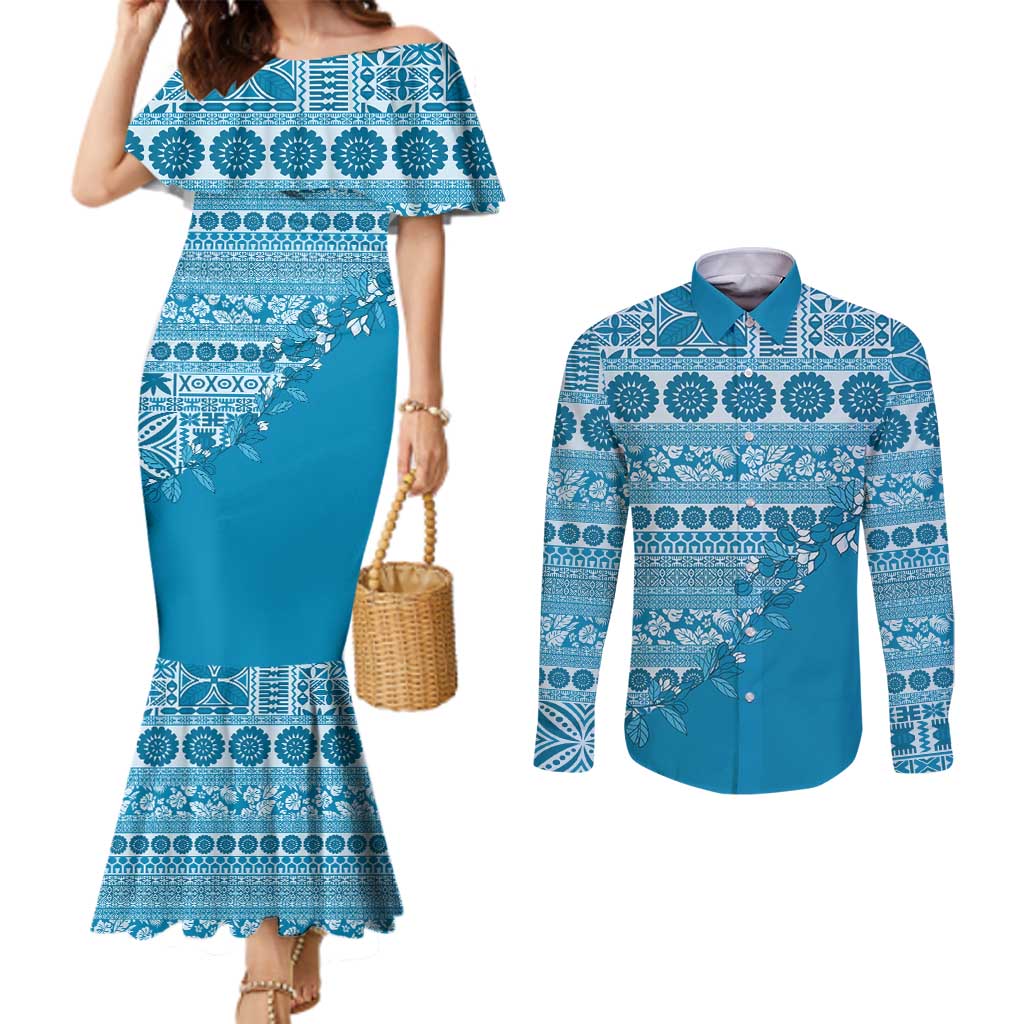 Fiji Marau na Kerisimasi Couples Matching Mermaid Dress and Long Sleeve Button Shirt Aqua Tagimoucia Tapa Masi Tribal - Polynesian Pride