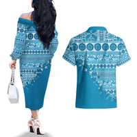 Fiji Marau na Kerisimasi Couples Matching Off The Shoulder Long Sleeve Dress and Hawaiian Shirt Aqua Tagimoucia Tapa Masi Tribal - Polynesian Pride