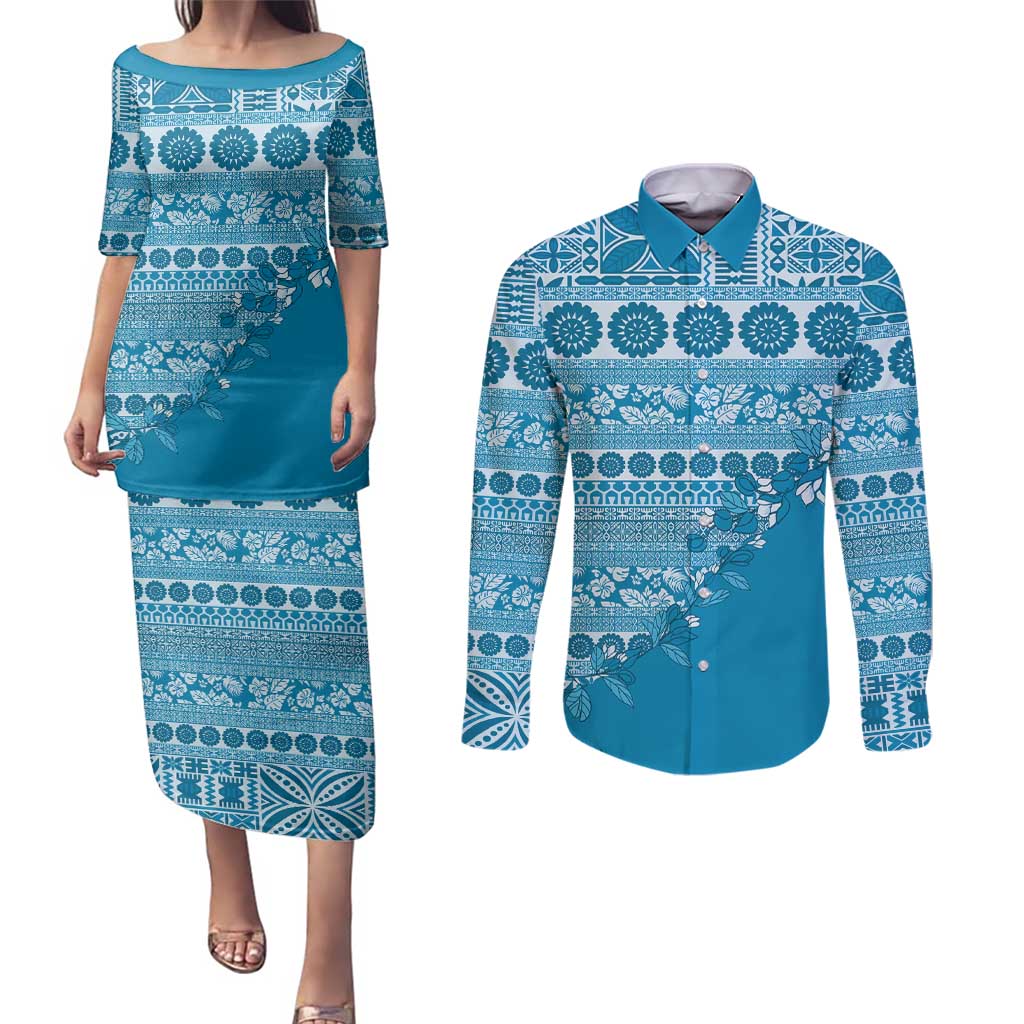 Fiji Marau na Kerisimasi Couples Matching Puletasi and Long Sleeve Button Shirt Aqua Tagimoucia Tapa Masi Tribal - Polynesian Pride