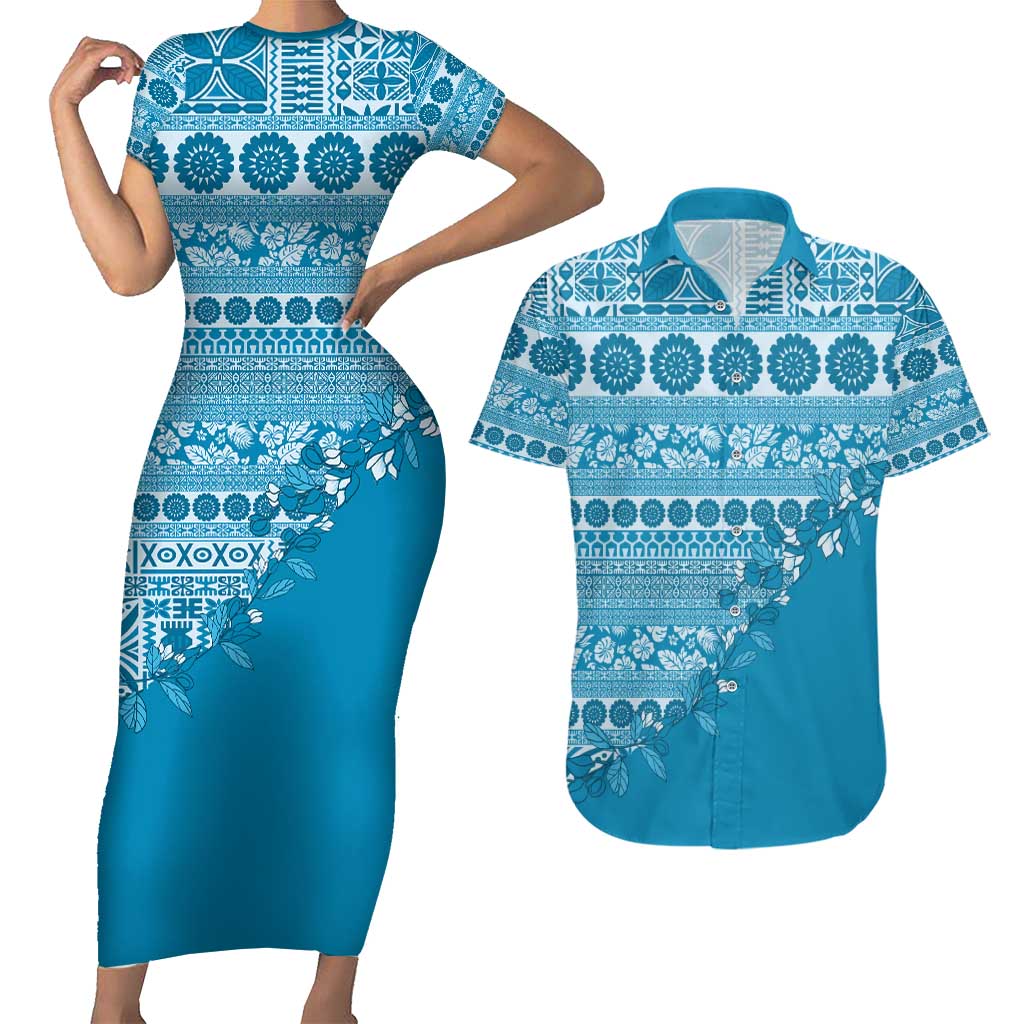 Fiji Marau na Kerisimasi Couples Matching Short Sleeve Bodycon Dress and Hawaiian Shirt Aqua Tagimoucia Tapa Masi Tribal - Polynesian Pride