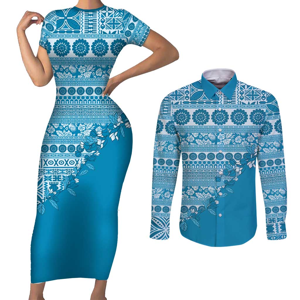 Fiji Marau na Kerisimasi Couples Matching Short Sleeve Bodycon Dress and Long Sleeve Button Shirt Aqua Tagimoucia Tapa Masi Tribal - Polynesian Pride
