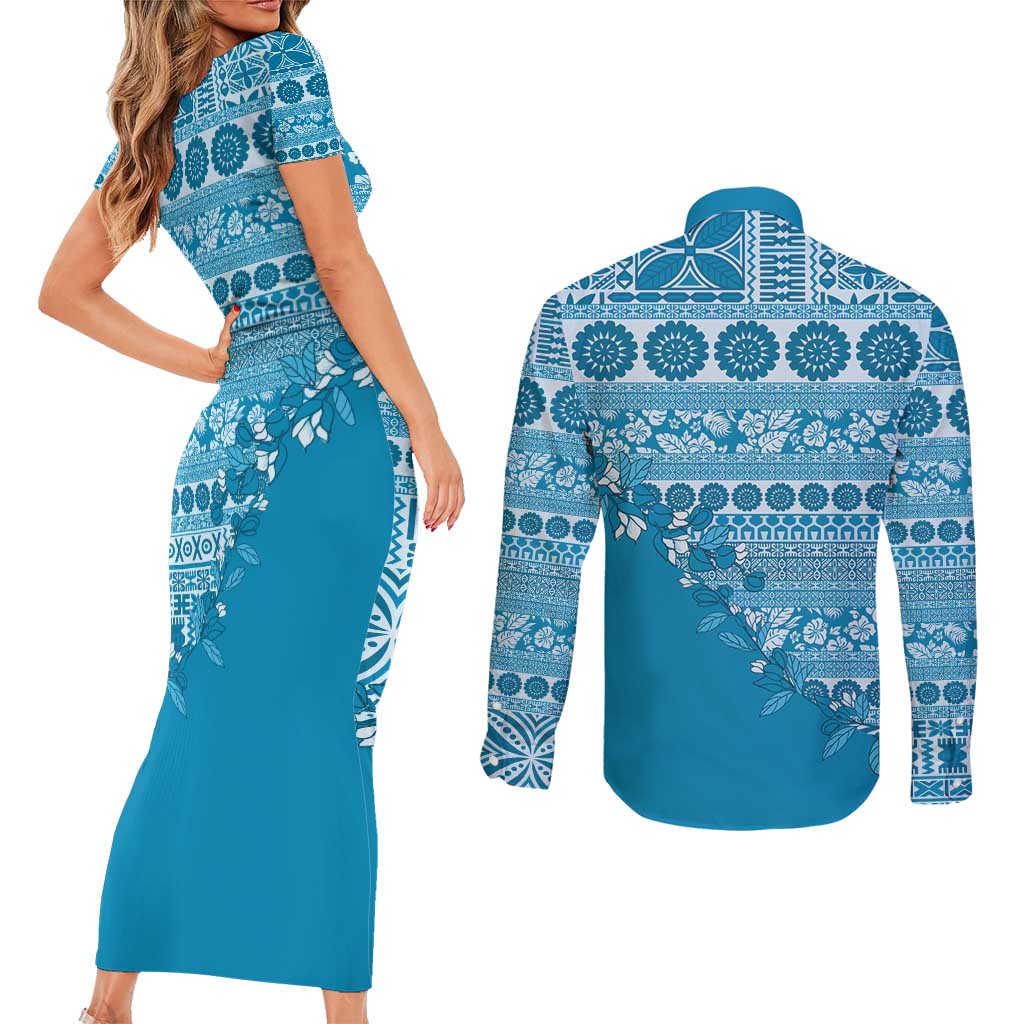 Fiji Marau na Kerisimasi Couples Matching Short Sleeve Bodycon Dress and Long Sleeve Button Shirt Aqua Tagimoucia Tapa Masi Tribal - Polynesian Pride