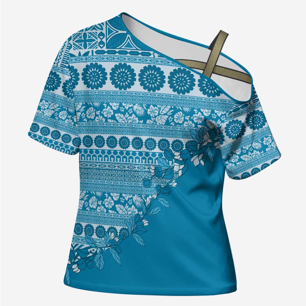 Fiji Marau na Kerisimasi Cross Shoulder Shirt Aqua Tagimoucia Tapa Masi Tribal - Polynesian Pride