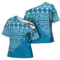 Fiji Marau na Kerisimasi Cross Shoulder Shirt Aqua Tagimoucia Tapa Masi Tribal - Polynesian Pride