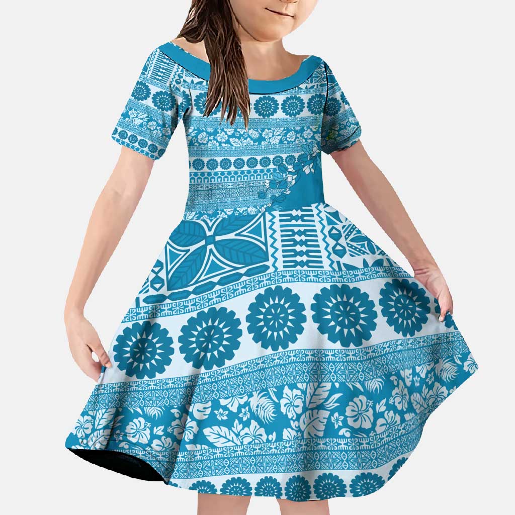 Fiji Marau na Kerisimasi Family Matching Off Shoulder Maxi Dress and Hawaiian Shirt Aqua Tagimoucia Tapa Masi Tribal - Polynesian Pride