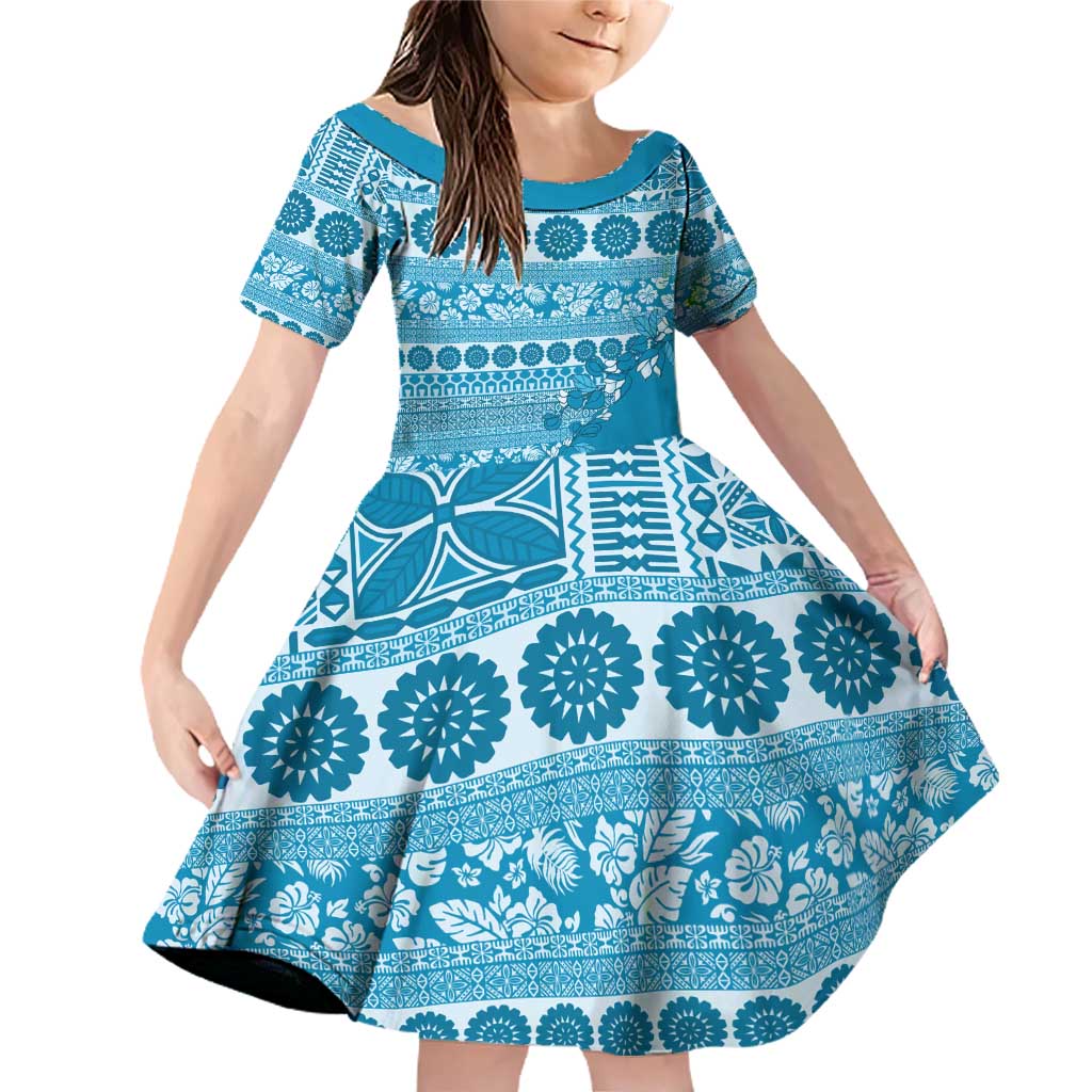 Fiji Marau na Kerisimasi Family Matching Off Shoulder Short Dress and Hawaiian Shirt Aqua Tagimoucia Tapa Masi Tribal - Polynesian Pride
