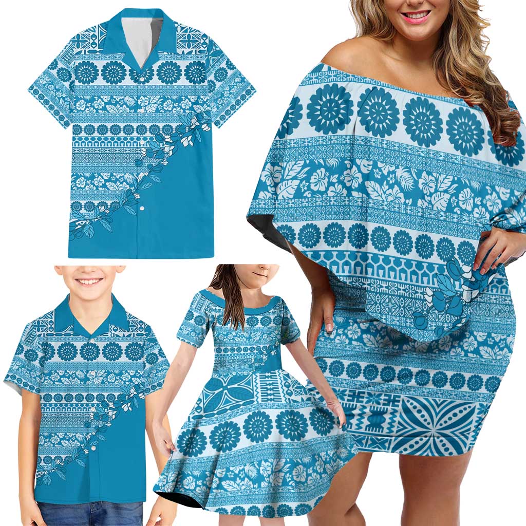 Fiji Marau na Kerisimasi Family Matching Off Shoulder Short Dress and Hawaiian Shirt Aqua Tagimoucia Tapa Masi Tribal - Polynesian Pride