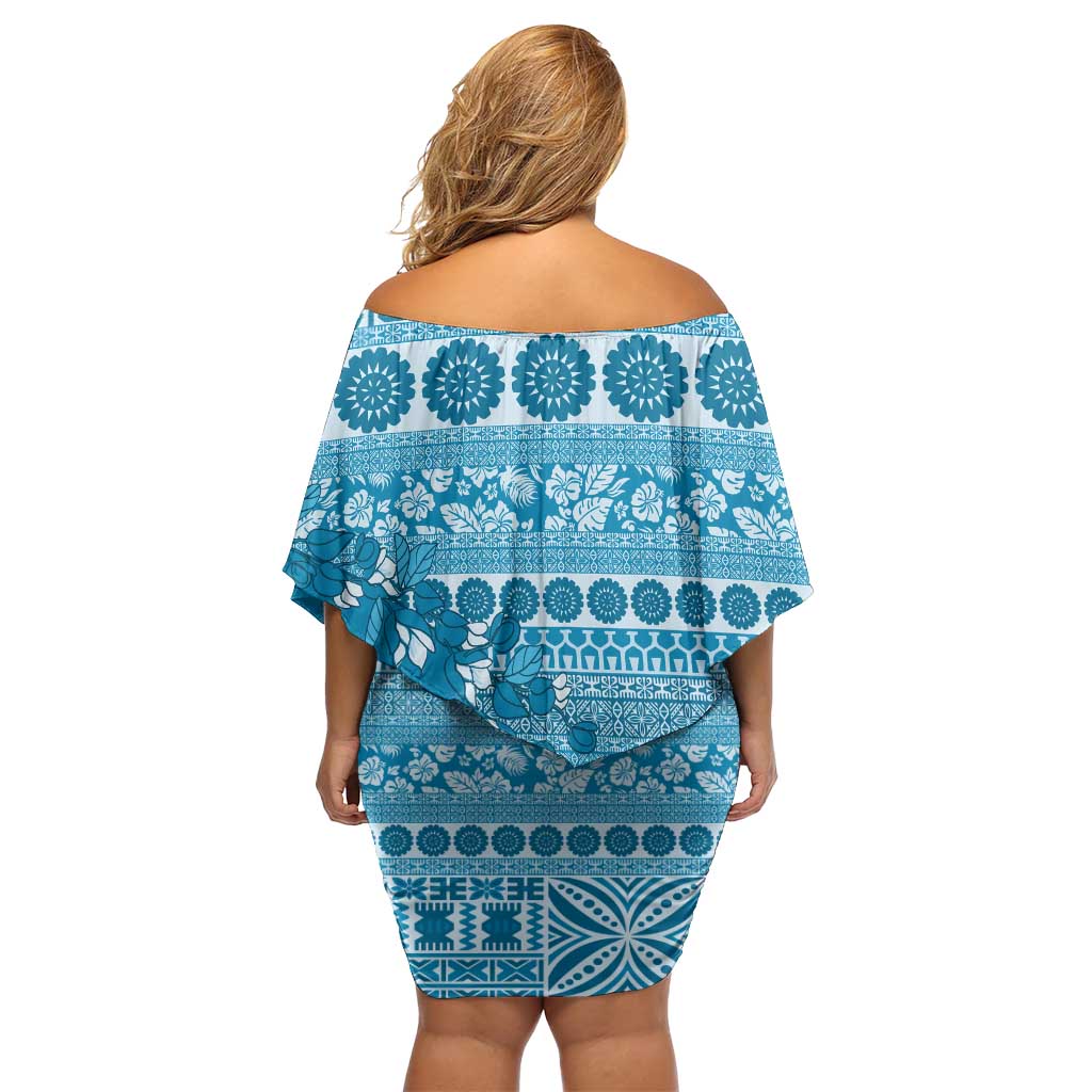 Fiji Marau na Kerisimasi Family Matching Off Shoulder Short Dress and Hawaiian Shirt Aqua Tagimoucia Tapa Masi Tribal - Polynesian Pride