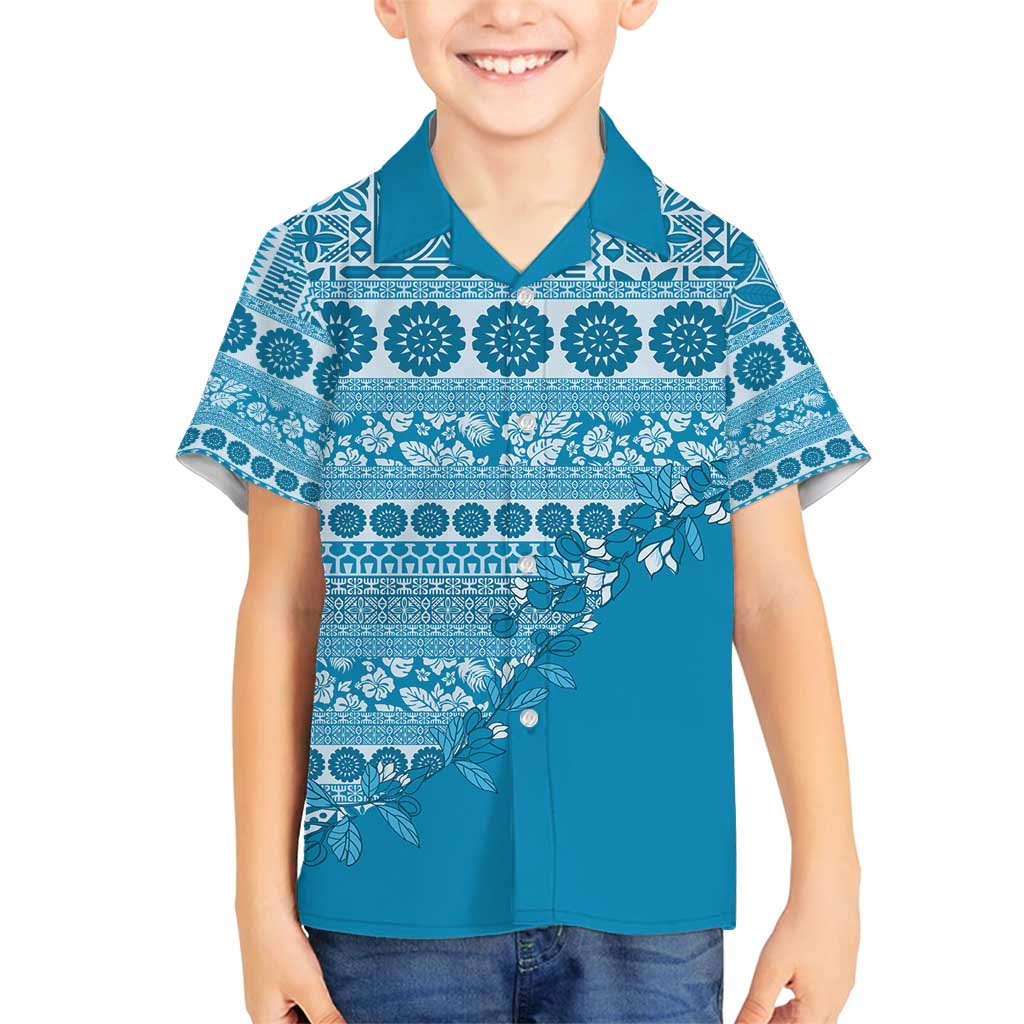 Fiji Marau na Kerisimasi Family Matching Off Shoulder Short Dress and Hawaiian Shirt Aqua Tagimoucia Tapa Masi Tribal - Polynesian Pride