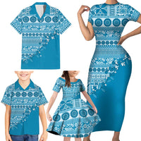 Fiji Marau na Kerisimasi Family Matching Short Sleeve Bodycon Dress and Hawaiian Shirt Aqua Tagimoucia Tapa Masi Tribal - Polynesian Pride