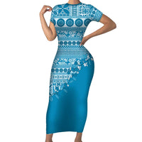 Fiji Marau na Kerisimasi Family Matching Short Sleeve Bodycon Dress and Hawaiian Shirt Aqua Tagimoucia Tapa Masi Tribal - Polynesian Pride