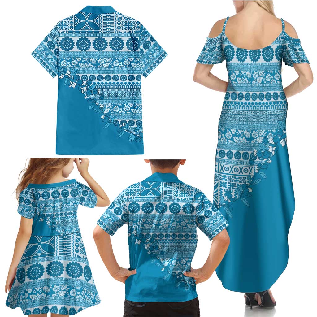 Fiji Marau na Kerisimasi Family Matching Summer Maxi Dress and Hawaiian Shirt Aqua Tagimoucia Tapa Masi Tribal - Polynesian Pride