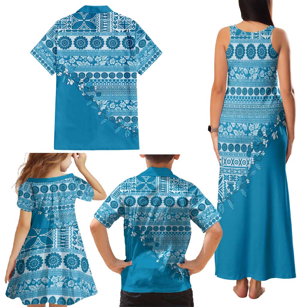 Fiji Marau na Kerisimasi Family Matching Tank Maxi Dress and Hawaiian Shirt Aqua Tagimoucia Tapa Masi Tribal - Polynesian Pride