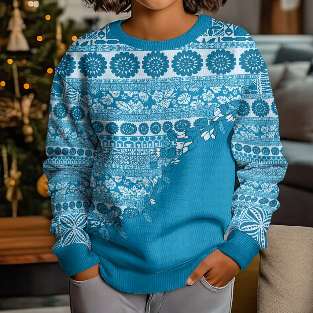 Fiji Marau na Kerisimasi Kid Ugly Christmas Sweater Aqua Tagimoucia Tapa Masi Tribal - Polynesian Pride
