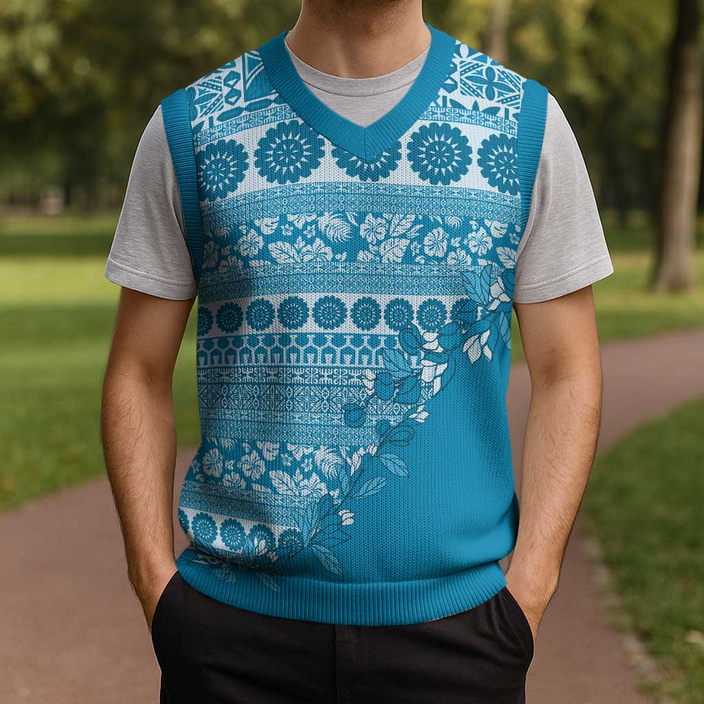 Fiji Marau na Kerisimasi Christmas Knitted V-Neck Vest Aqua Tagimoucia Tapa Masi Tribal - Polynesian Pride