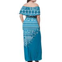 Fiji Marau na Kerisimasi Off Shoulder Maxi Dress Aqua Tagimoucia Tapa Masi Tribal - Polynesian Pride