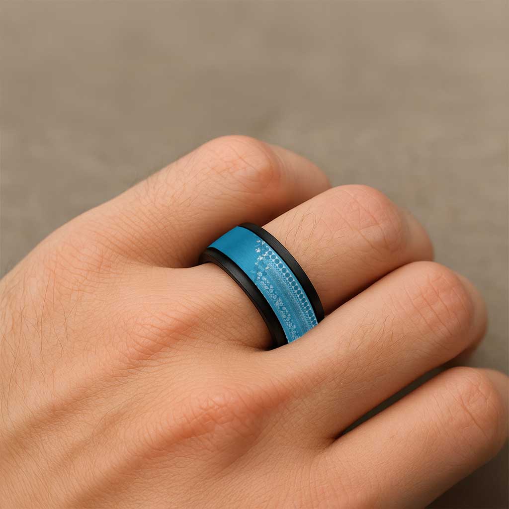 Fiji Marau na Kerisimasi Spinner Ring Aqua Tagimoucia Tapa Masi Tribal - Polynesian Pride