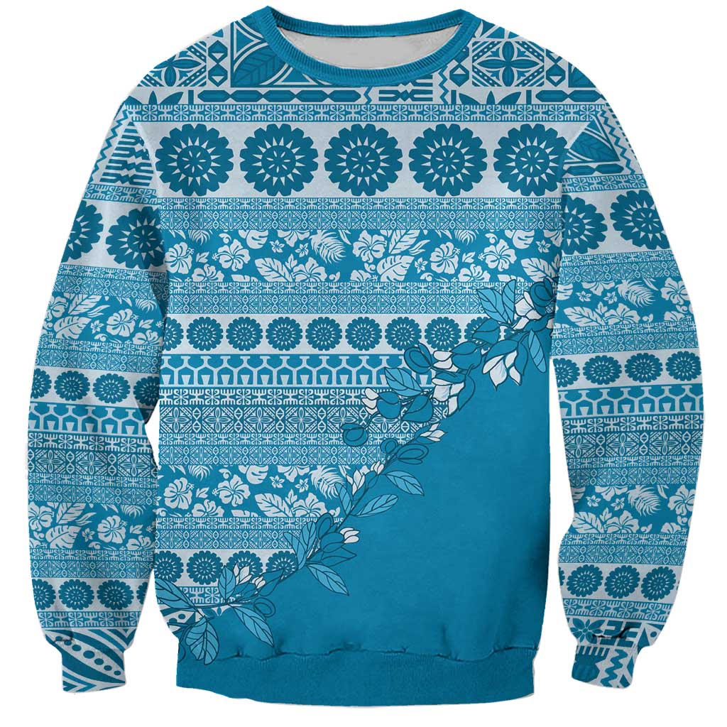 Fiji Marau na Kerisimasi Sweatshirt Aqua Tagimoucia Tapa Masi Tribal - Polynesian Pride