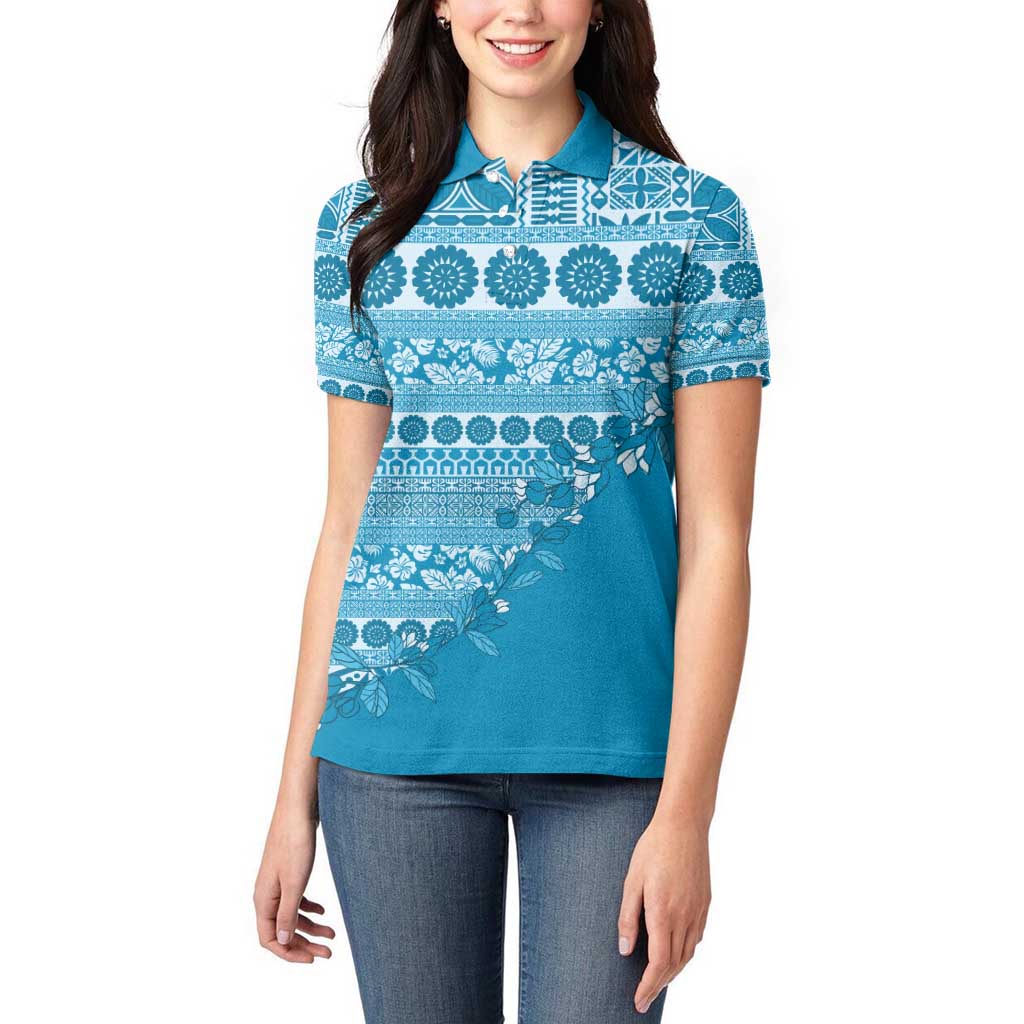 Fiji Marau na Kerisimasi Women Polo Shirt Aqua Tagimoucia Tapa Masi Tribal - Polynesian Pride