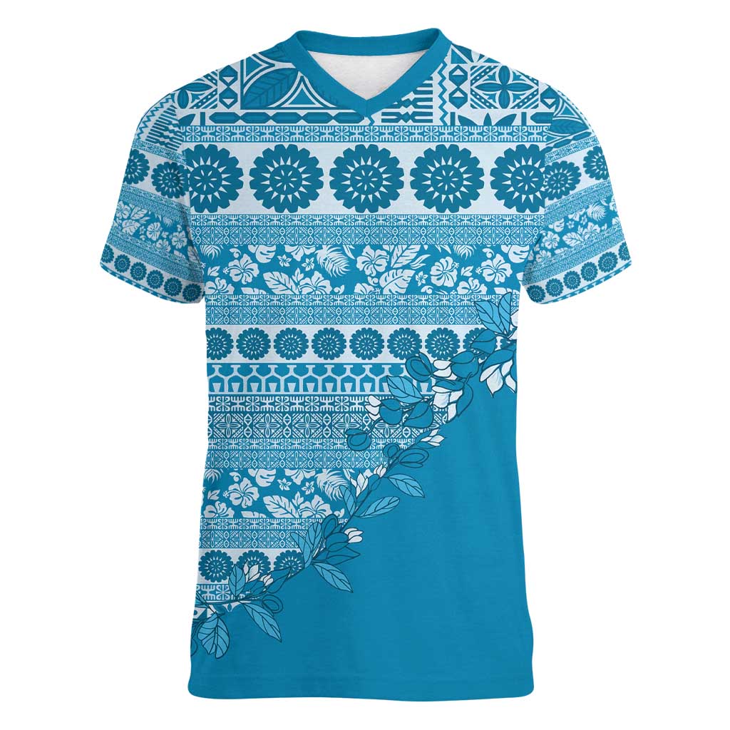 Fiji Marau na Kerisimasi Women V-Neck T-Shirt Aqua Tagimoucia Tapa Masi Tribal - Polynesian Pride