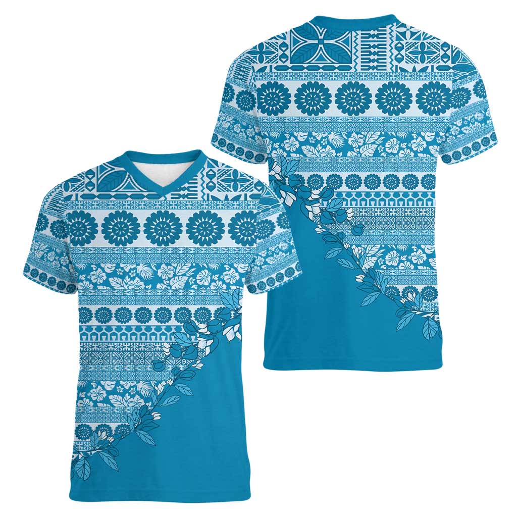 Fiji Marau na Kerisimasi Women V-Neck T-Shirt Aqua Tagimoucia Tapa Masi Tribal - Polynesian Pride